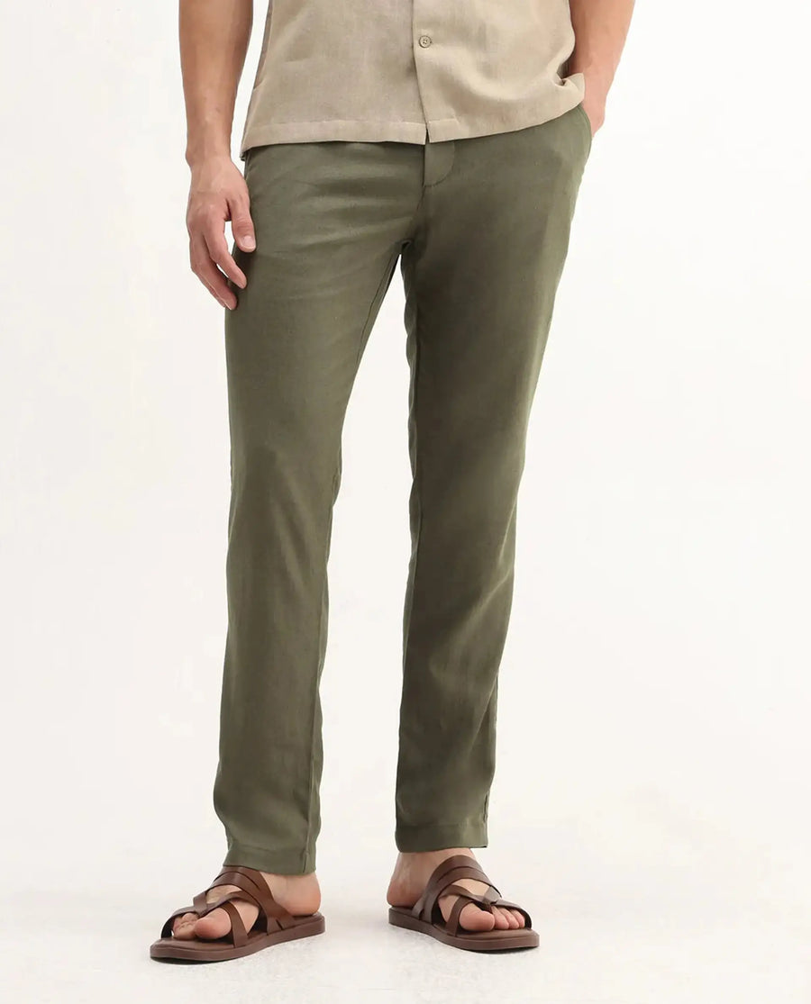Rare Rabbit Men's Jomo-B Olive Linen Blend Plain Regular Fit Trouser