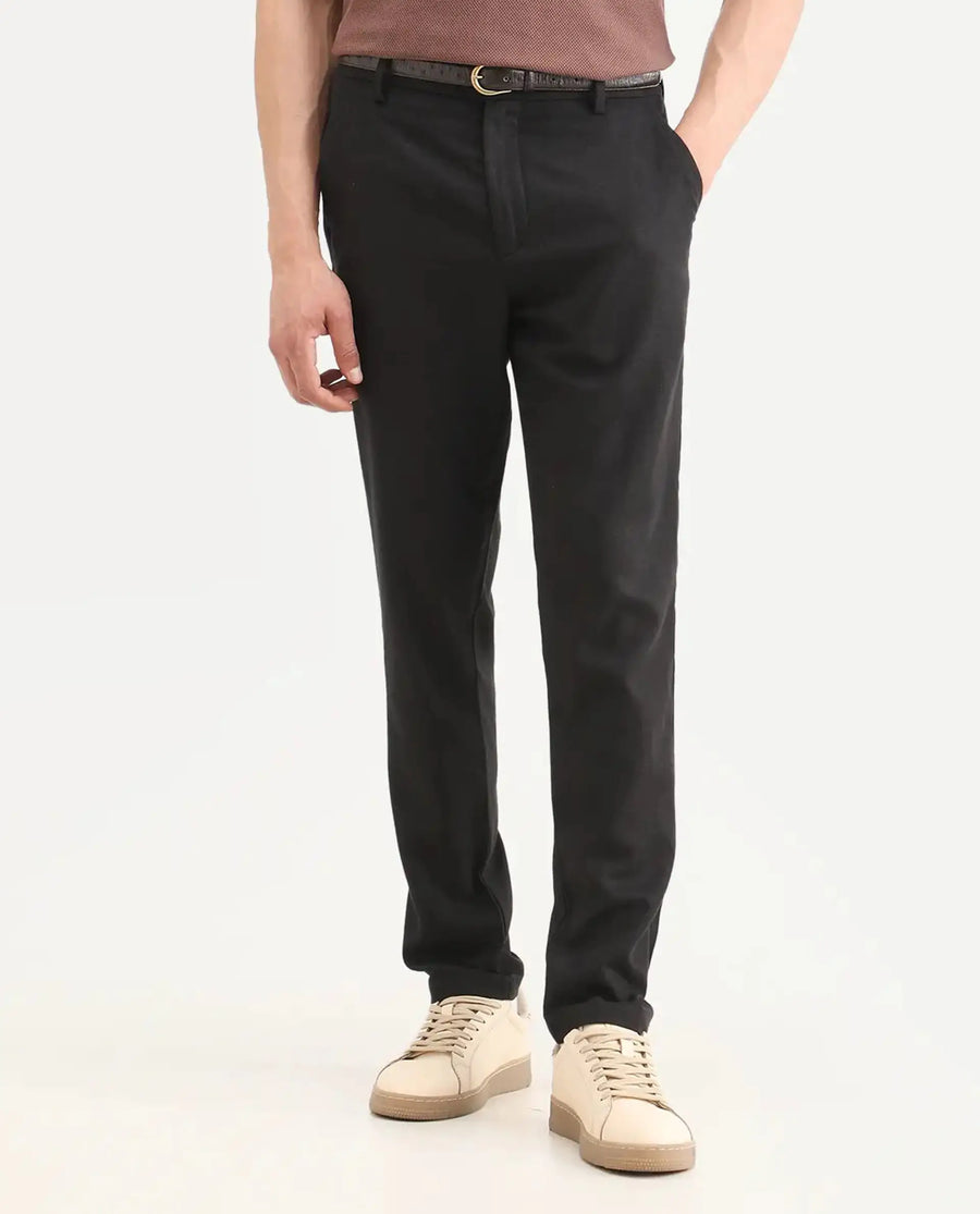 Rare Rabbit Men's Jomo-Ss26 Black Linen Blend Fabric Regular Fit Plain Trouser