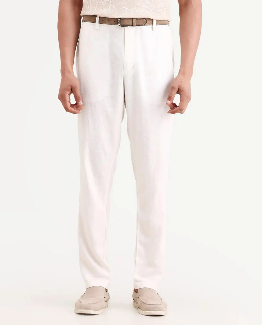 Rare Rabbit Men's Jomo-Ss26 Off White Linen Blend Fabric Regular Fit Plain Trouser