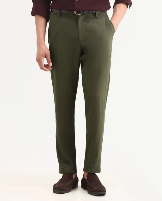 Rare Rabbit Men's Jomo-Ss26 Olive Linen Blend Fabric Regular Fit Plain Trouser