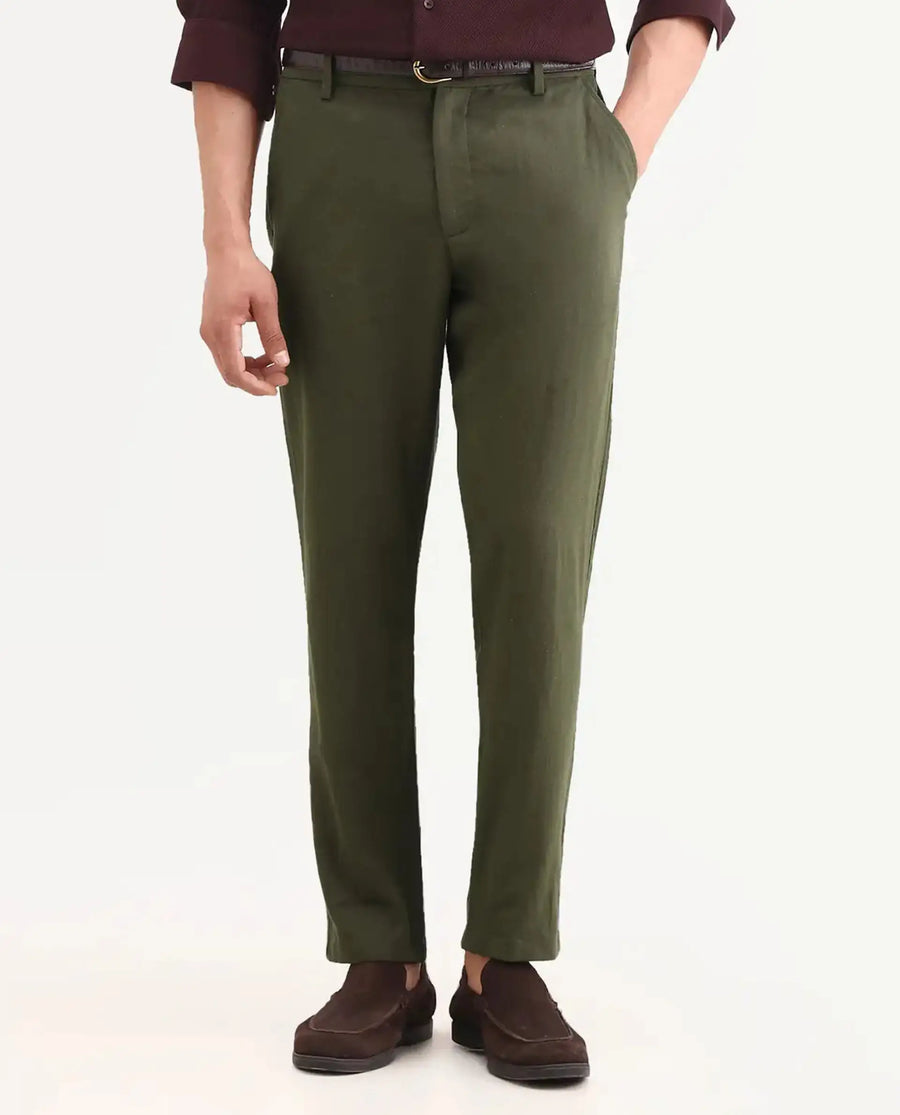 Rare Rabbit Men's Jomo-Ss26 Olive Linen Blend Fabric Regular Fit Plain Trouser