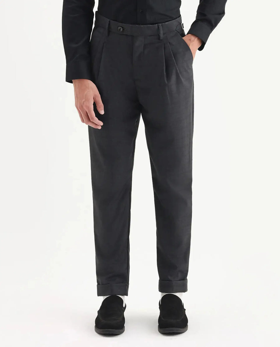 Rare Rabbit Men's Jorin Dark Grey Cotton Plain Relaxed Fit Trouser