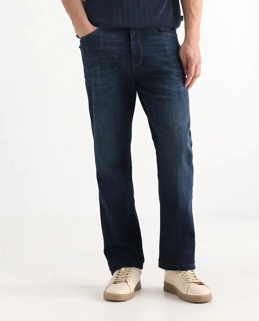 Rare Rabbit Men's Kazi Dark Blue Cotton Plain Morris Regular Fit Jeans