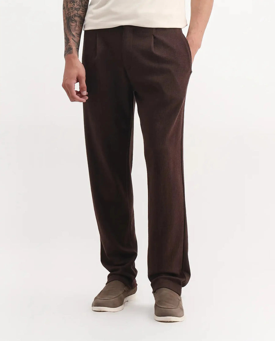 Rare Rabbit Men's Keloe Dark Brown Cotton Blend Plain Relaxed Fit Trouser