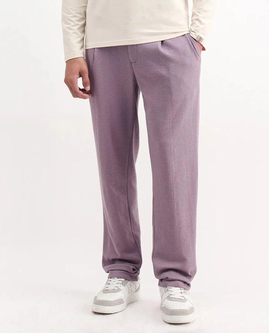 Rare Rabbit Men's Keloe Dusky Purple Cotton Blend Plain Relaxed Fit Trouser
