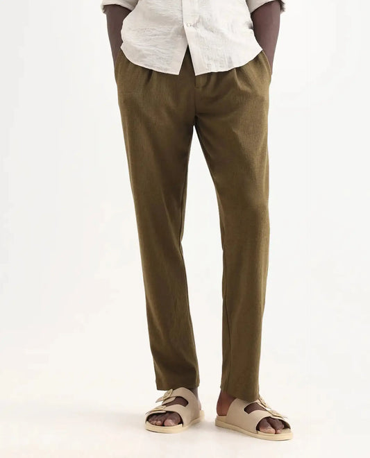 Rare Rabbit Men's Keloe Olive Cotton Blend Plain Relaxed Fit Trouser