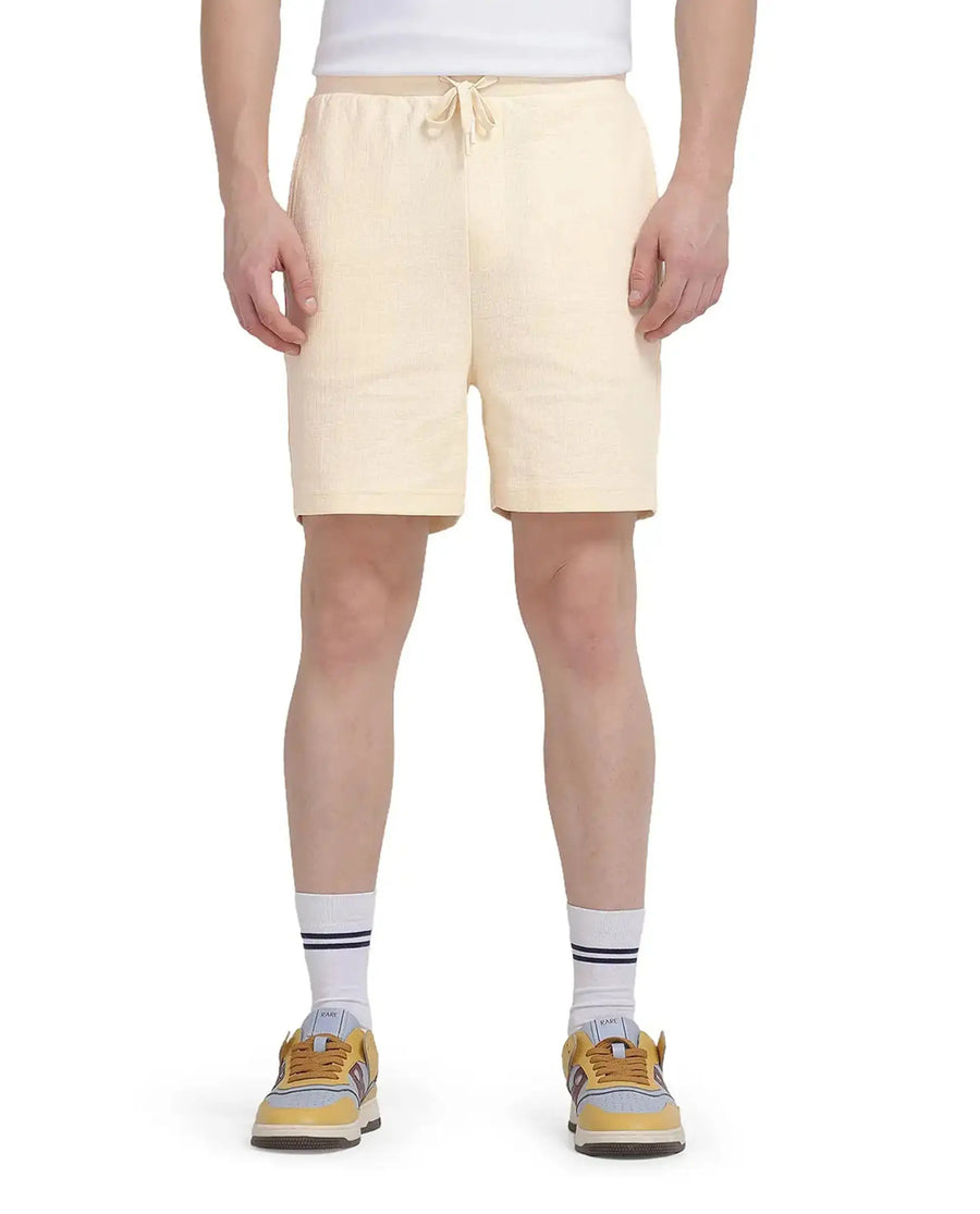 Rare Rabbit Men's Kelor Pastel Yellow Cotton Blend Plain Regular Fit Shorts