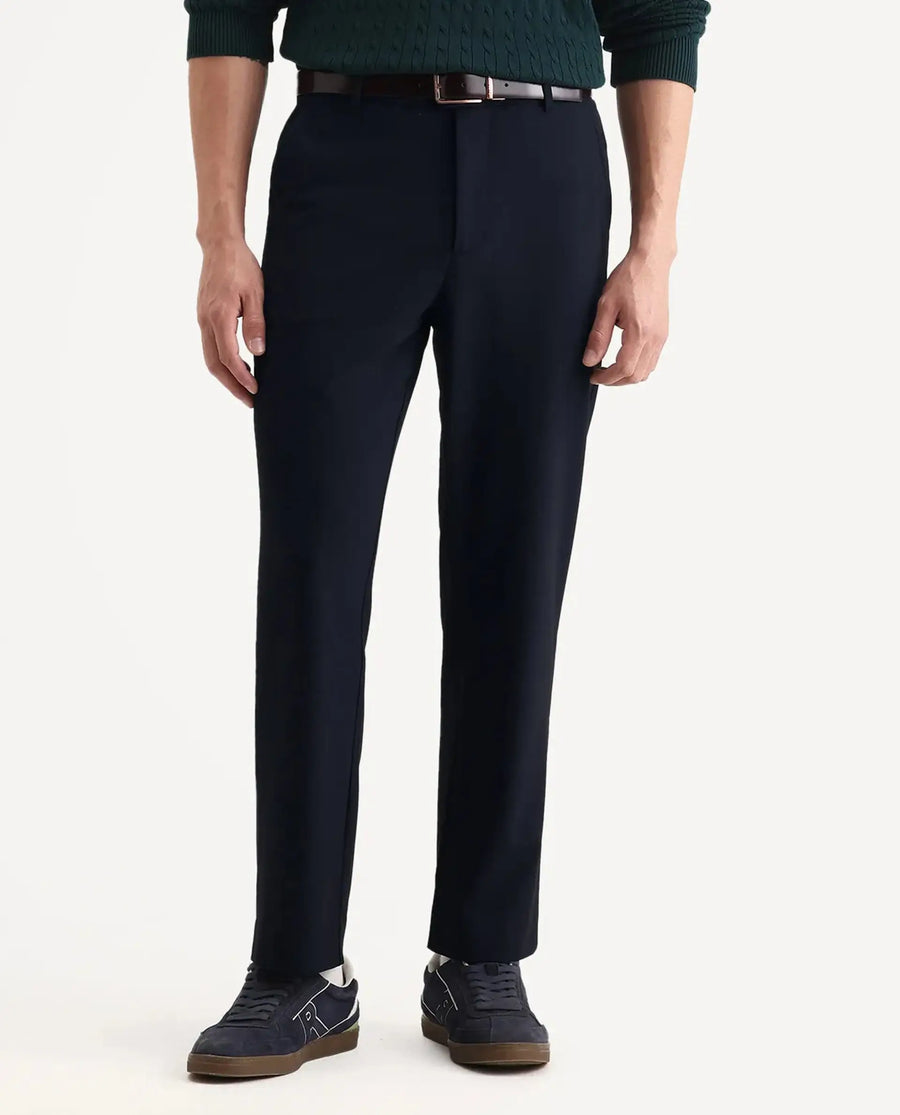 Rare Rabbit Men Kenal Navy Polyester Blend Fabric Button Closure Plain Trouser