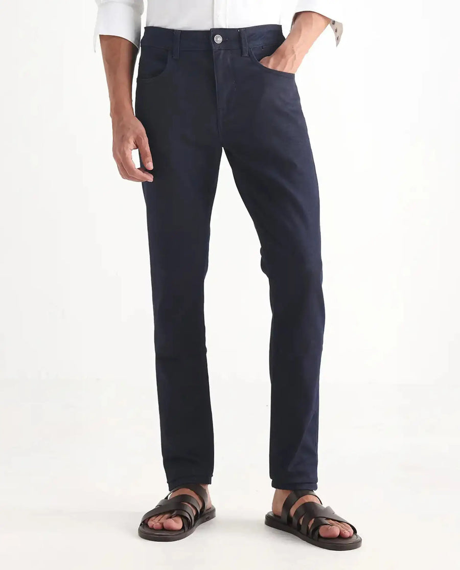 Rare Rabbit Men's Kiel Navy Cotton Plain Morris Regular Fit Jeans