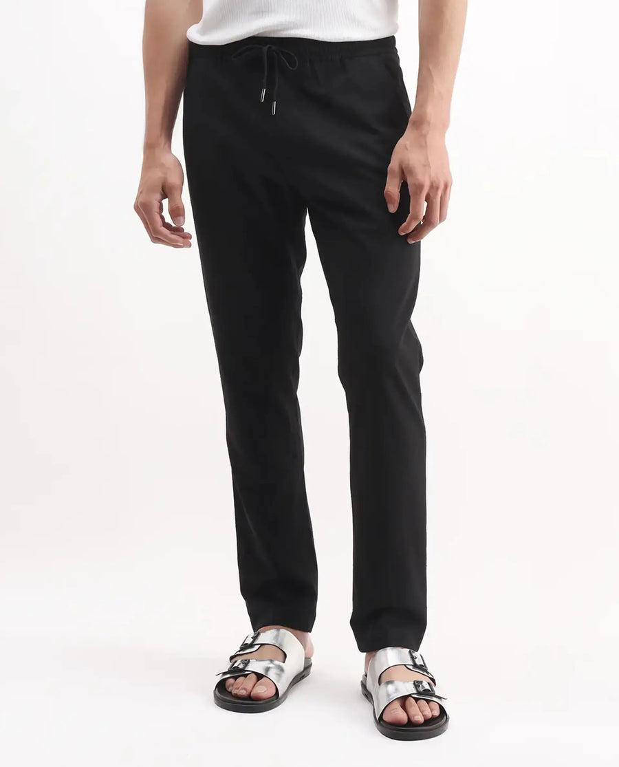 Rare Rabbit Men's Kikos-B Black Polyester Plain Regular Fit Trouser