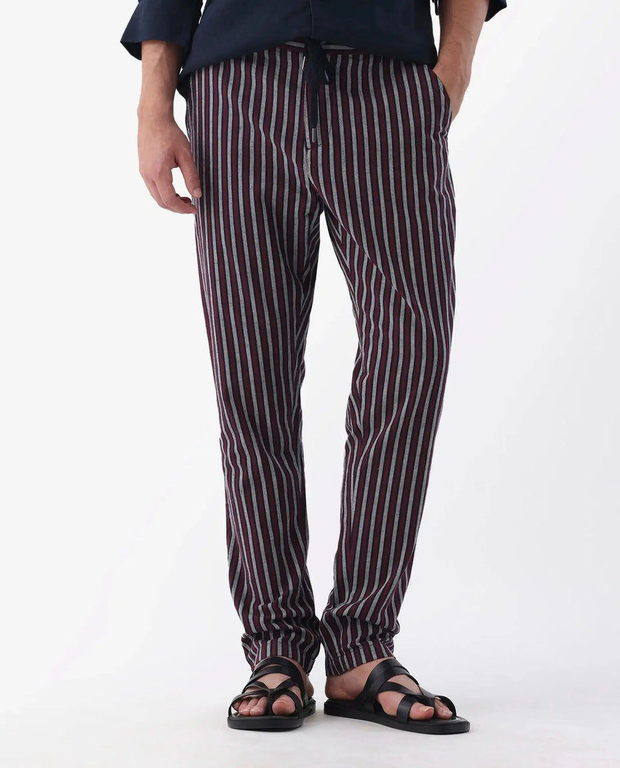 Rare Rabbit Men's Kimo Maroon Linen Blend Striped Print Regular Fit Trouser