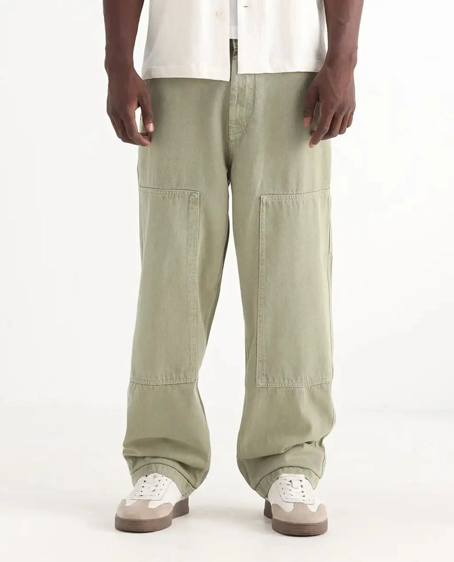 Rare Rabbit Men's Klop Pastel Green Cotton Plain Carpenter Fit Jeans