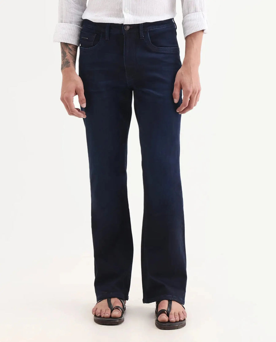 Rare Rabbit Men's Knoxo-Bl Dark Blue Cotton Blend Fabric Button Closure Bootcut Plain Jeans