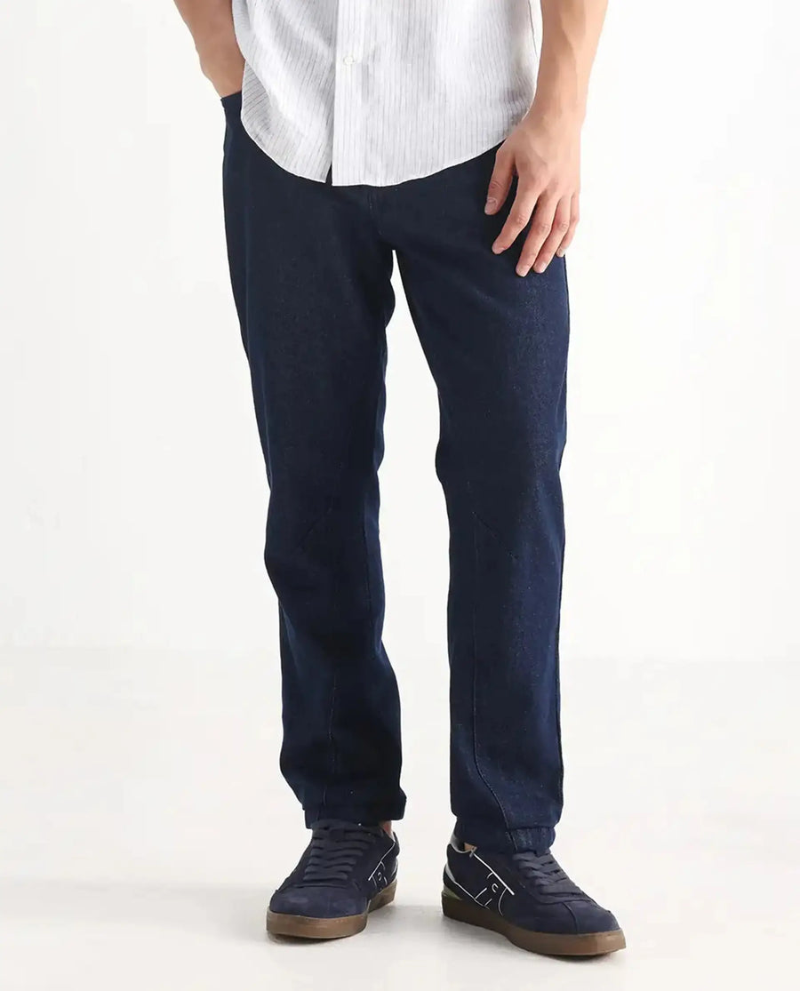 Rare Rabbit Men's Kobetor Dark Blue Cotton Plain Morris Regular Fit Jeans