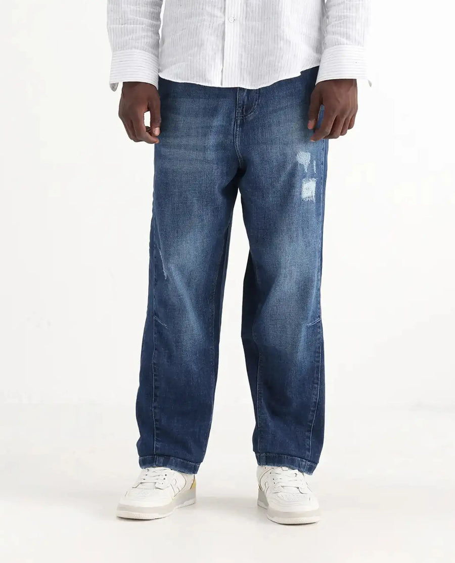Rare Rabbit Men's Korb Blue Cotton Blend Plain Baggy Fit Jeans