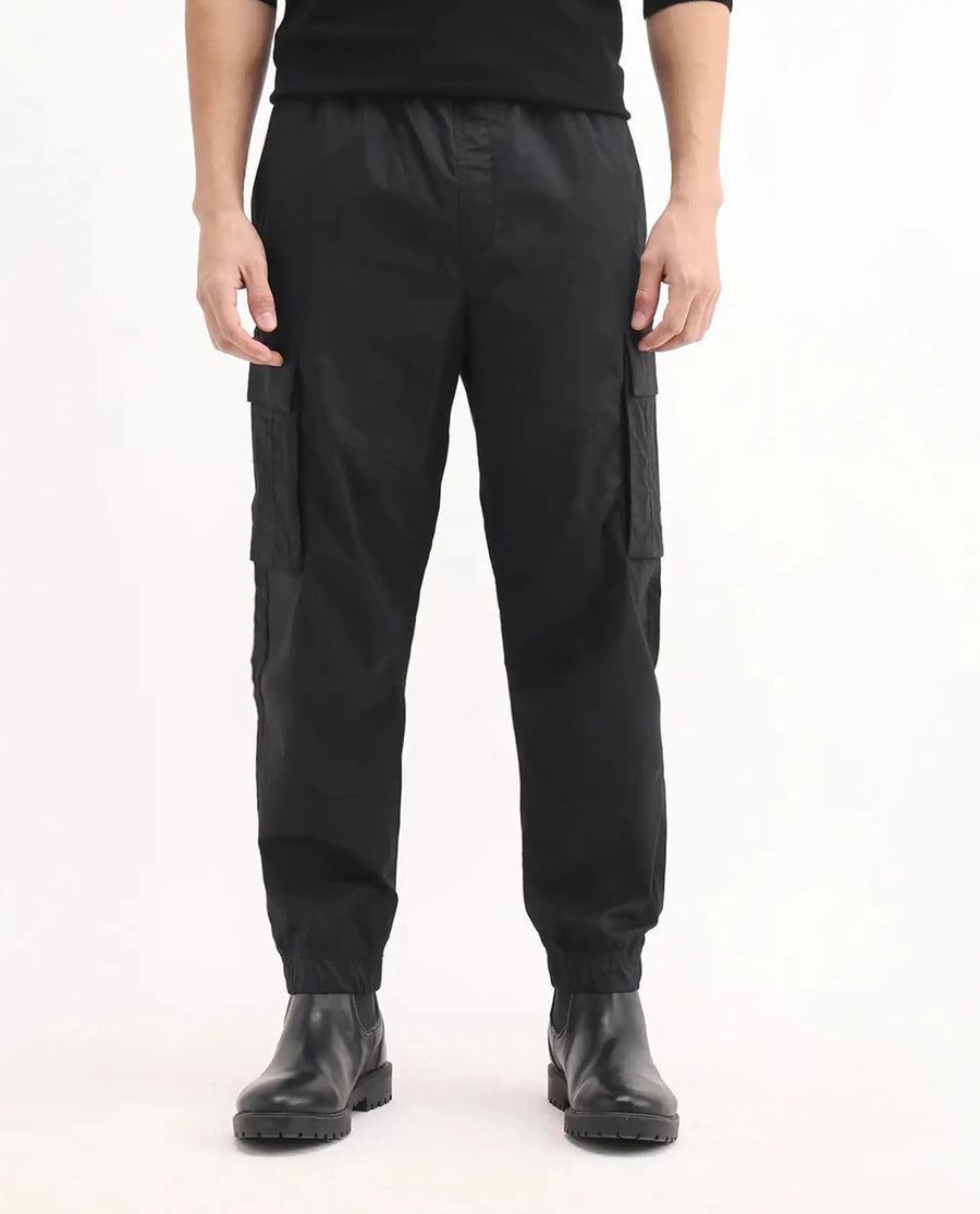 Rare Rabbit Men's Korb Black Cotton Blend Plain Relaxed Fit Trouser