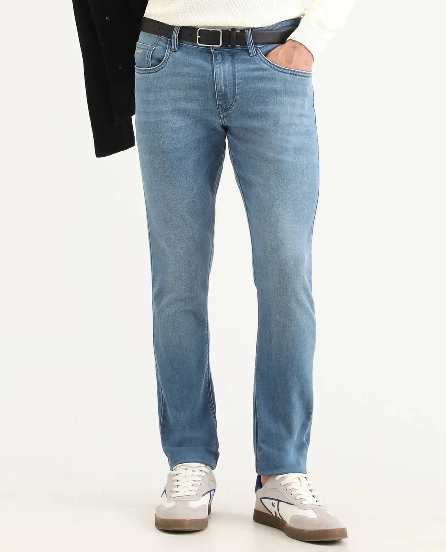 Rare Rabbit Men's Kunor Blue Cotton Blend Fabric Hawk Slim Fit Plain Jeans