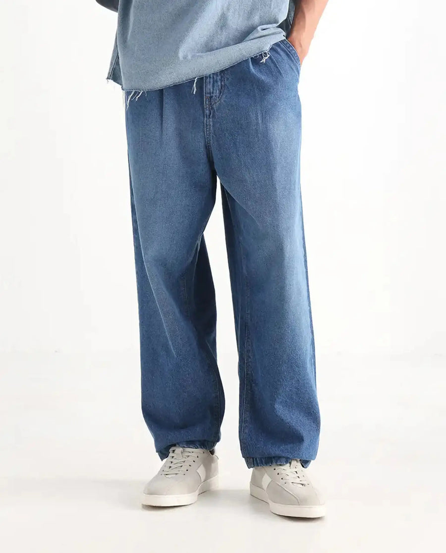 Rare Rabbit Men's Lar Blue Cotton Plain Baggy Fit Jeans