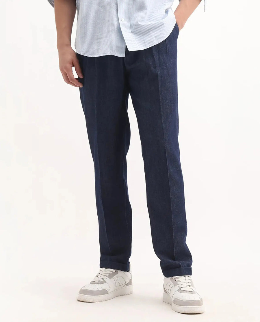 Rare Rabbit Men's Leni Blue Cotton Blend Plain Baggy Fit Gurkha Trouser