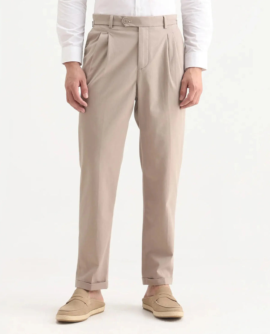 Rare Rabbit Men's Leni Dark Beige Cotton Blend Plain Regular Fit Gurkha Trouser