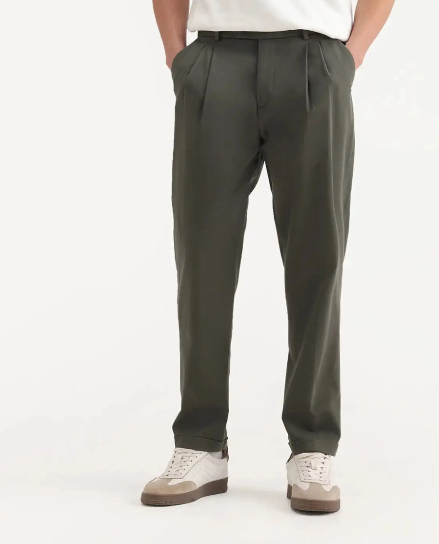 Rare Rabbit Men's Leni Olive Cotton Blend Plain Baggy Fit Gurkha  Trouser