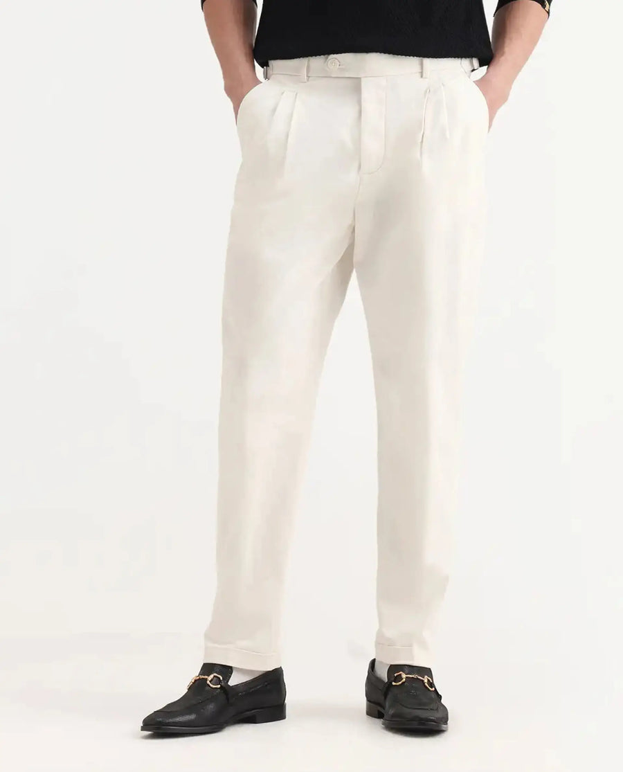 Rare Rabbit Men's Leni White Cotton Blend Plain Baggy Fit Gurkha Trouser