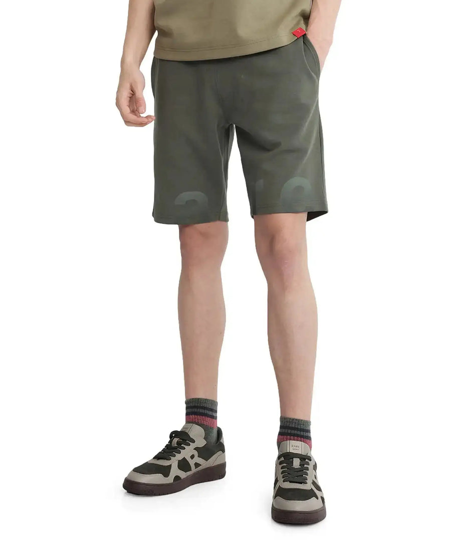Rare Rabbit Men's Lets Dusky Green Cotton Graphic Print Regular Fit Shorts