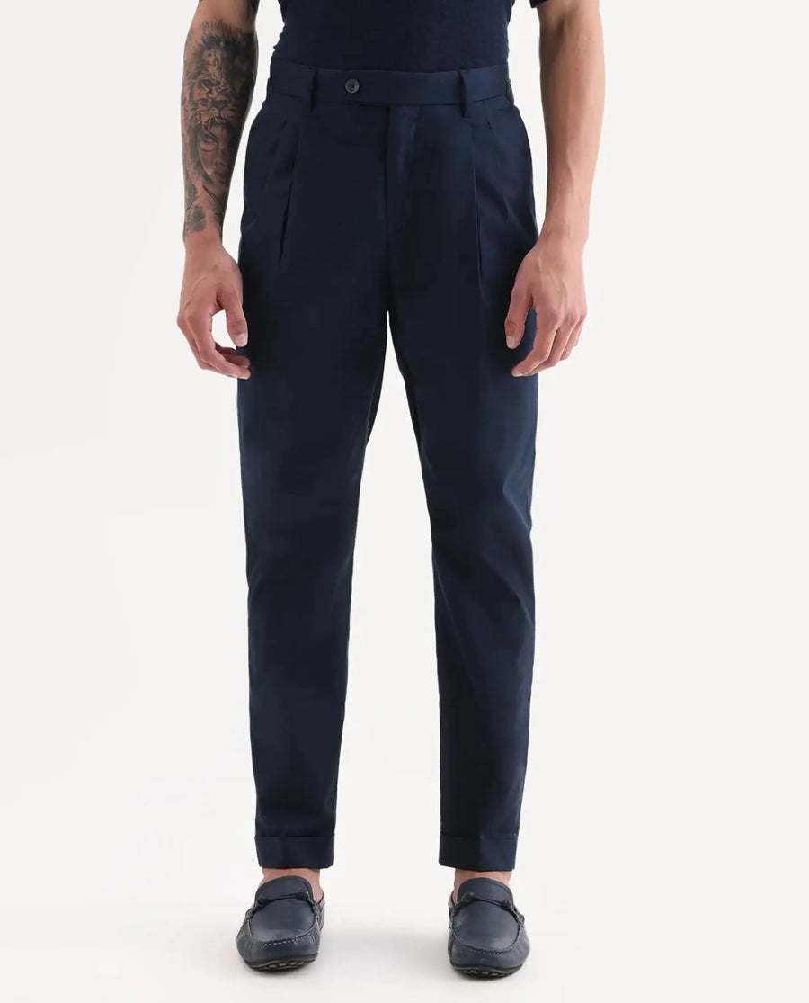 Rare Rabbit Men's Lewit Navy Cotton Plain Regular Fit Trouser