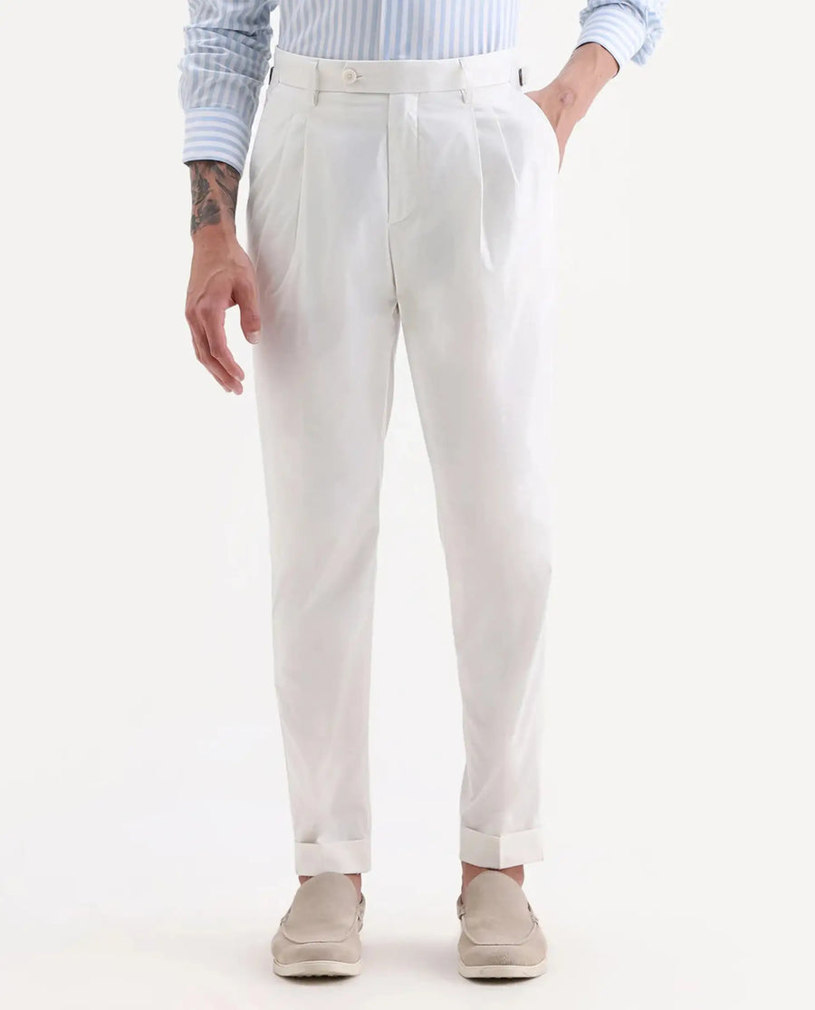 Rare Rabbit Men's Lewit Off White Cotton Plain Regular Fit Trouser