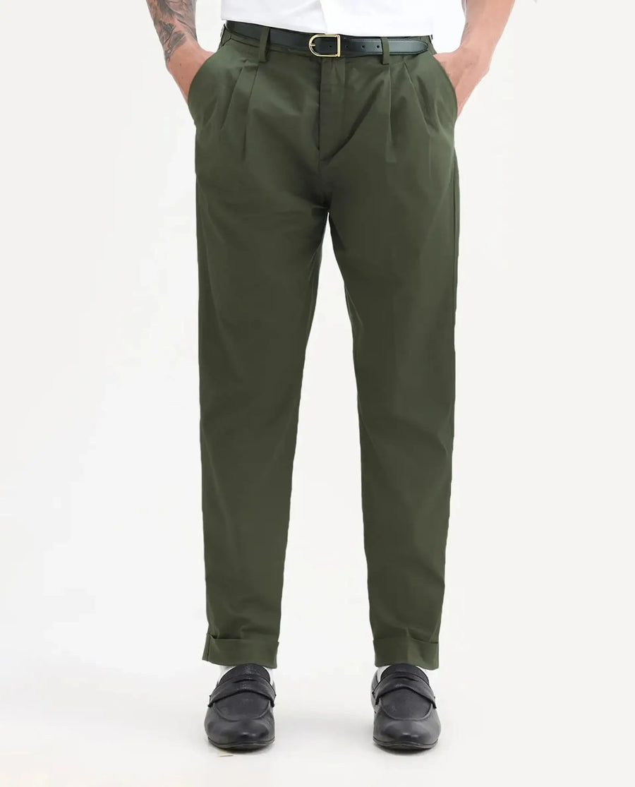 Rare Rabbit Men's Lewit Olive Cotton Plain Regular Fit Trouser