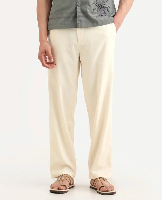 Rare Rabbit Men's Liao Beige Linen Blend Fabric Straight Fit Plain Trouser