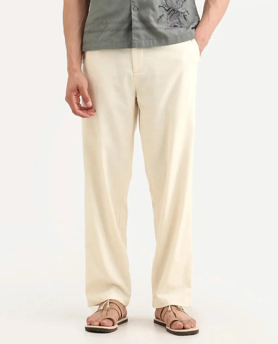 Rare Rabbit Men's Liao Beige Linen Blend Fabric Straight Fit Plain Trouser