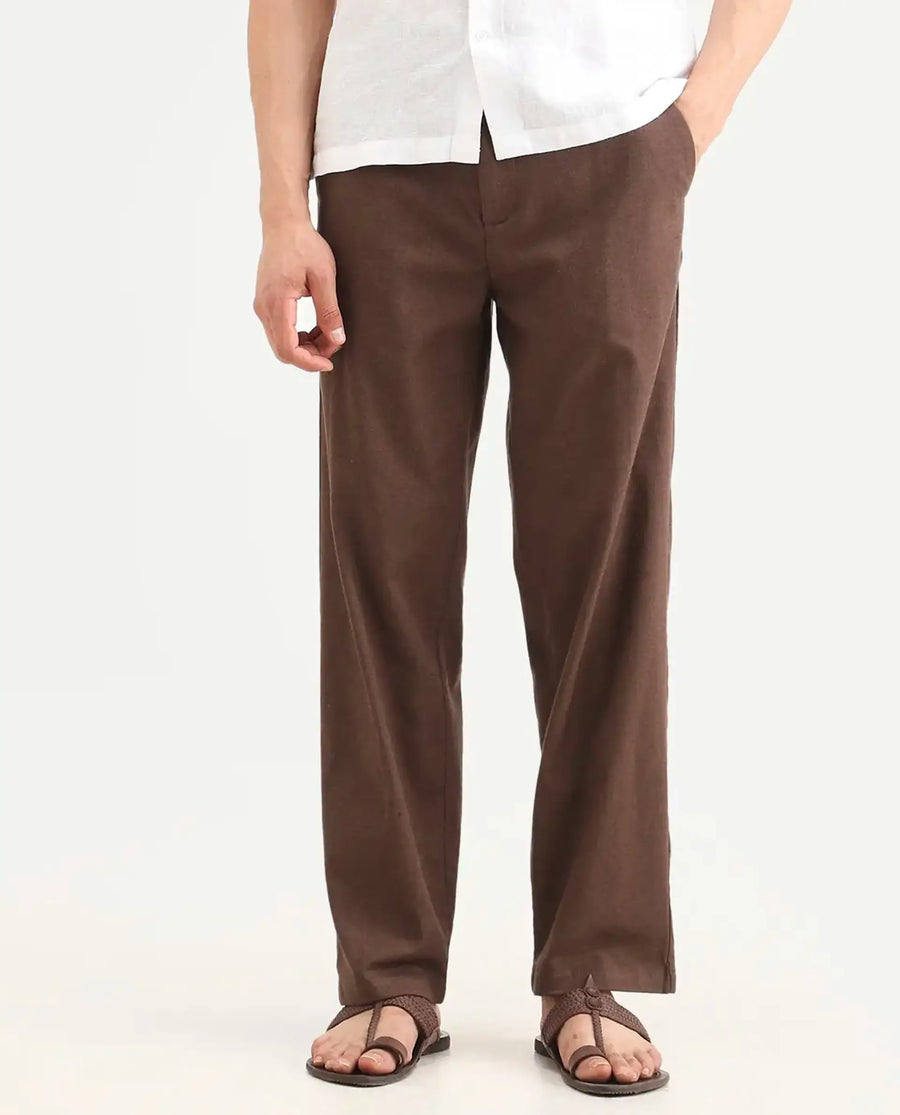 Rare Rabbit Men's Liao Dark Brown Linen Blend Fabric Straight Fit Plain Trouser