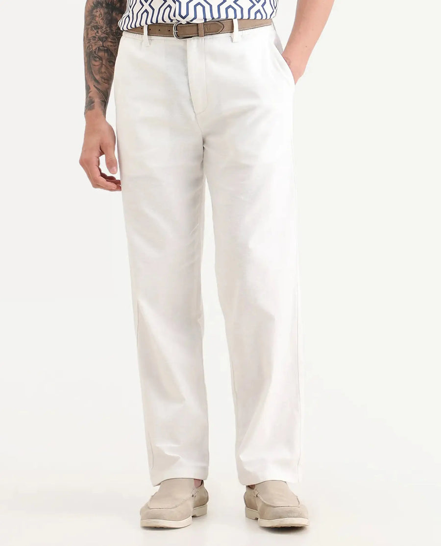 Rare Rabbit Men's Liao White Linen Blend Fabric Straight Fit Plain Trouser