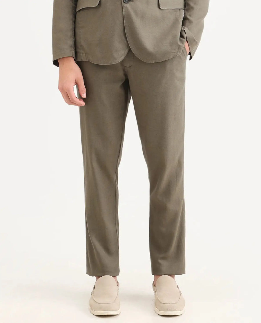 Rare Rabbit Men's Linol-T Dusky Olive Linen Blend Fabric Regular Fit Drawstring Plain Trouser
