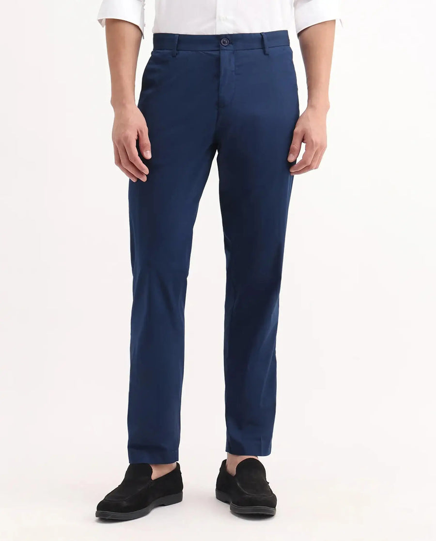 Rare Rabbit Men's Linotel Blue Cotton Blend Plain Regular Fit Trouser