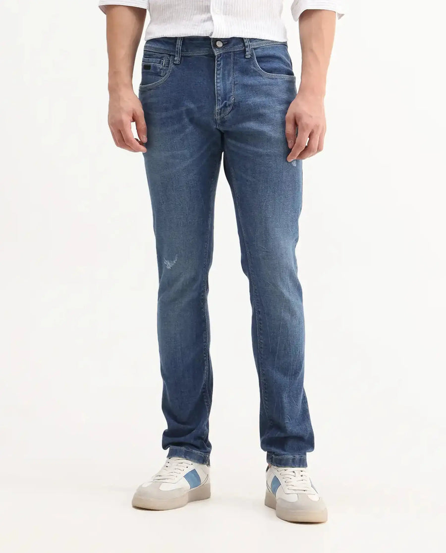 Rare Rabbit Men's Lonar Blue Cotton Blend Plain Hawk Slim Fit Jeans