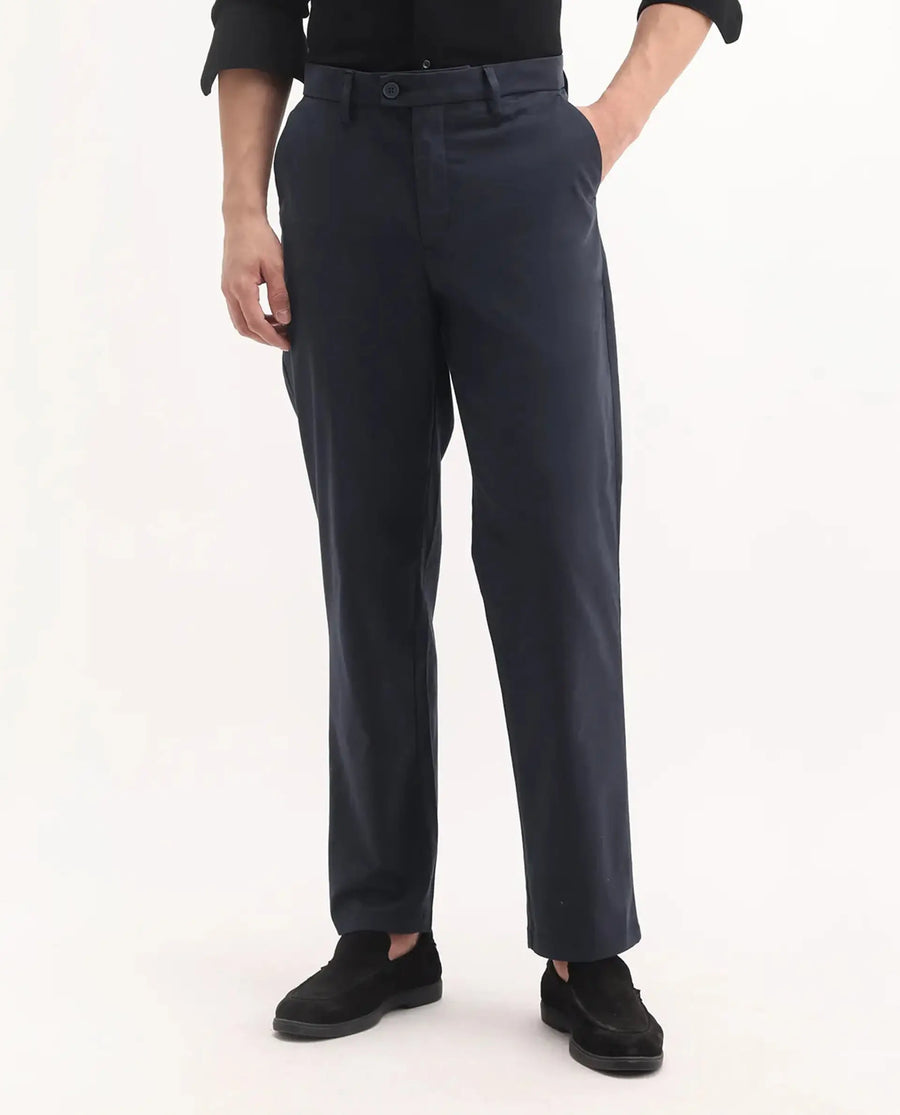 Rare Rabbit Men's Lubeck Navy Cotton Plain Relaxed Fit Trouser