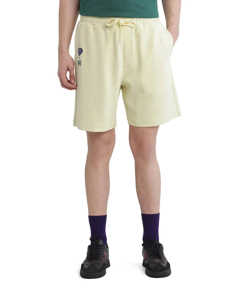 Rare Rabbit Men's Lux Pastel Yellow Cotton Blend Plain Relaxed Fit Shorts