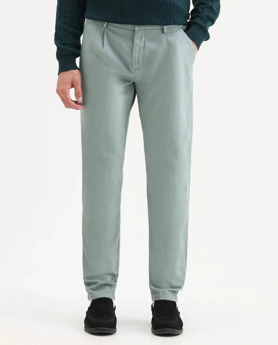 Rare Rabbit Men's Lyte Green Cotton Plain Regular Fit Trouser