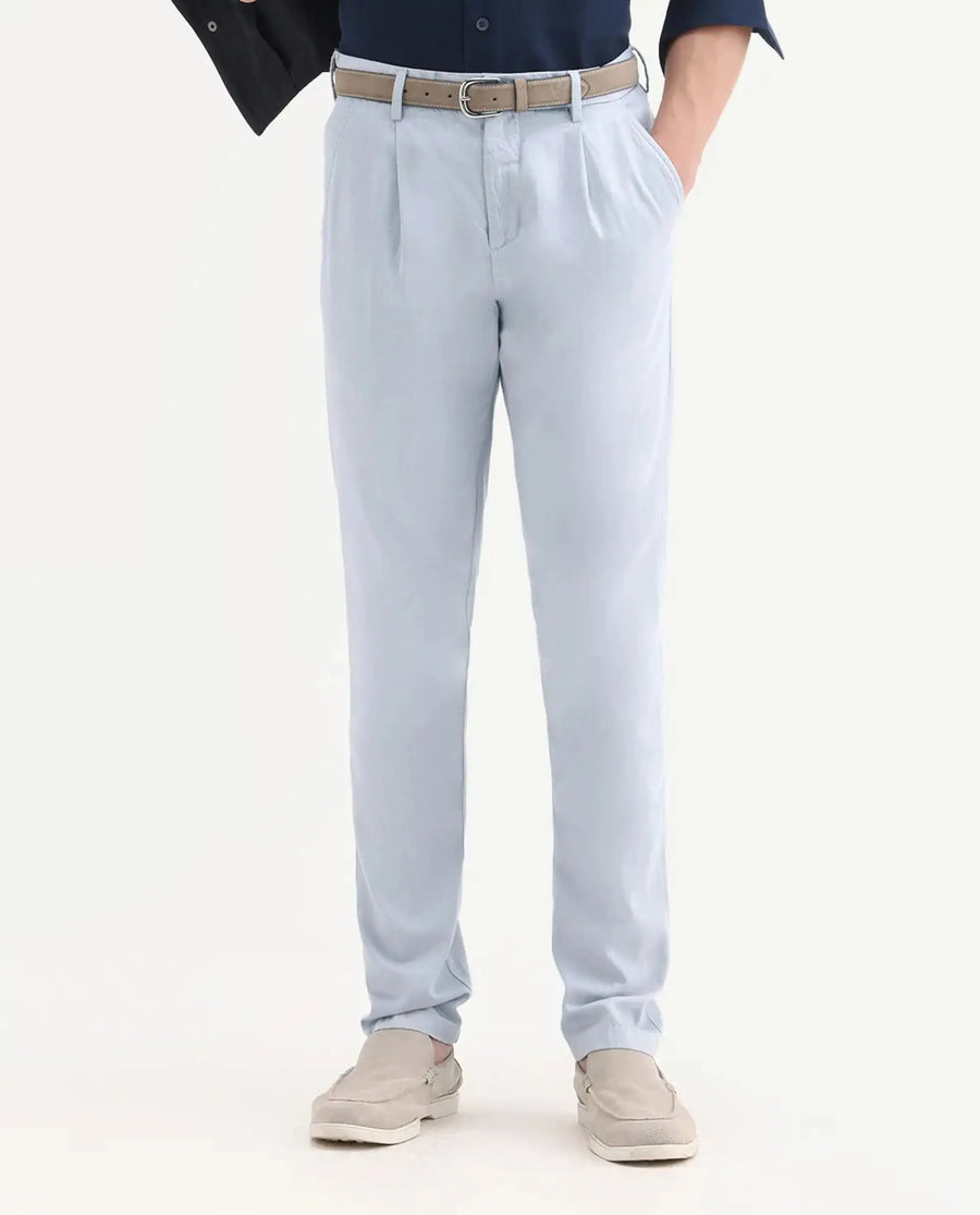 Rare Rabbit Men's Lyte Pastel Blue Cotton Plain Regular Fit Trouser