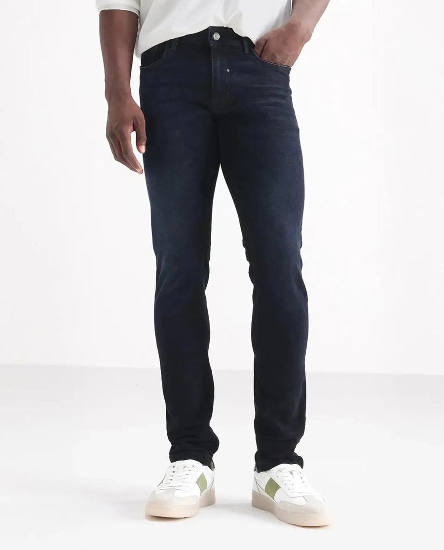 Rare Rabbit Men's Macher Dark Navy Cotton Plain Hawk Slim Fit Jeans