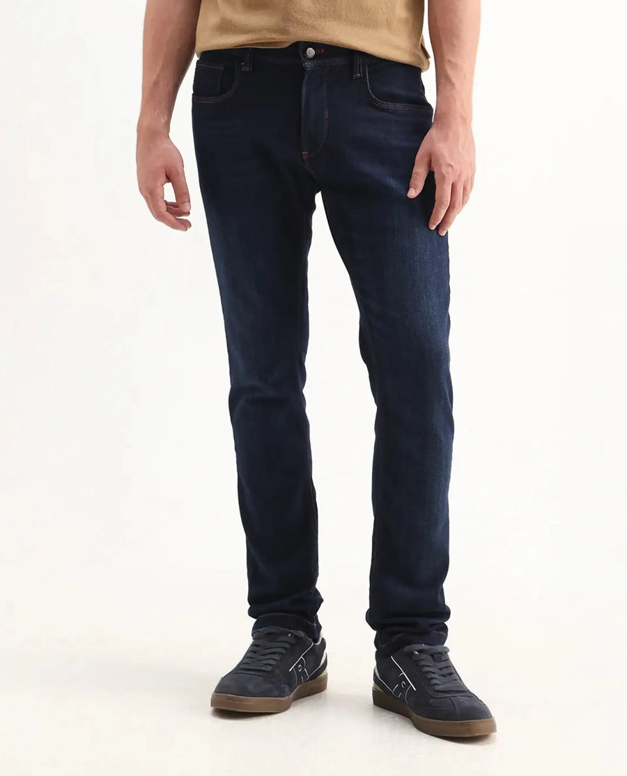 Rare Rabbit Men's Maiden Dark Blue Cotton Blend Plain Hawk Slim Fit Jeans