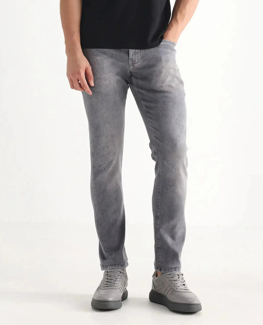 Rare Rabbit Men's Mainz Light Grey Cotton Blend Plain Hawk Slim Fit Jeans