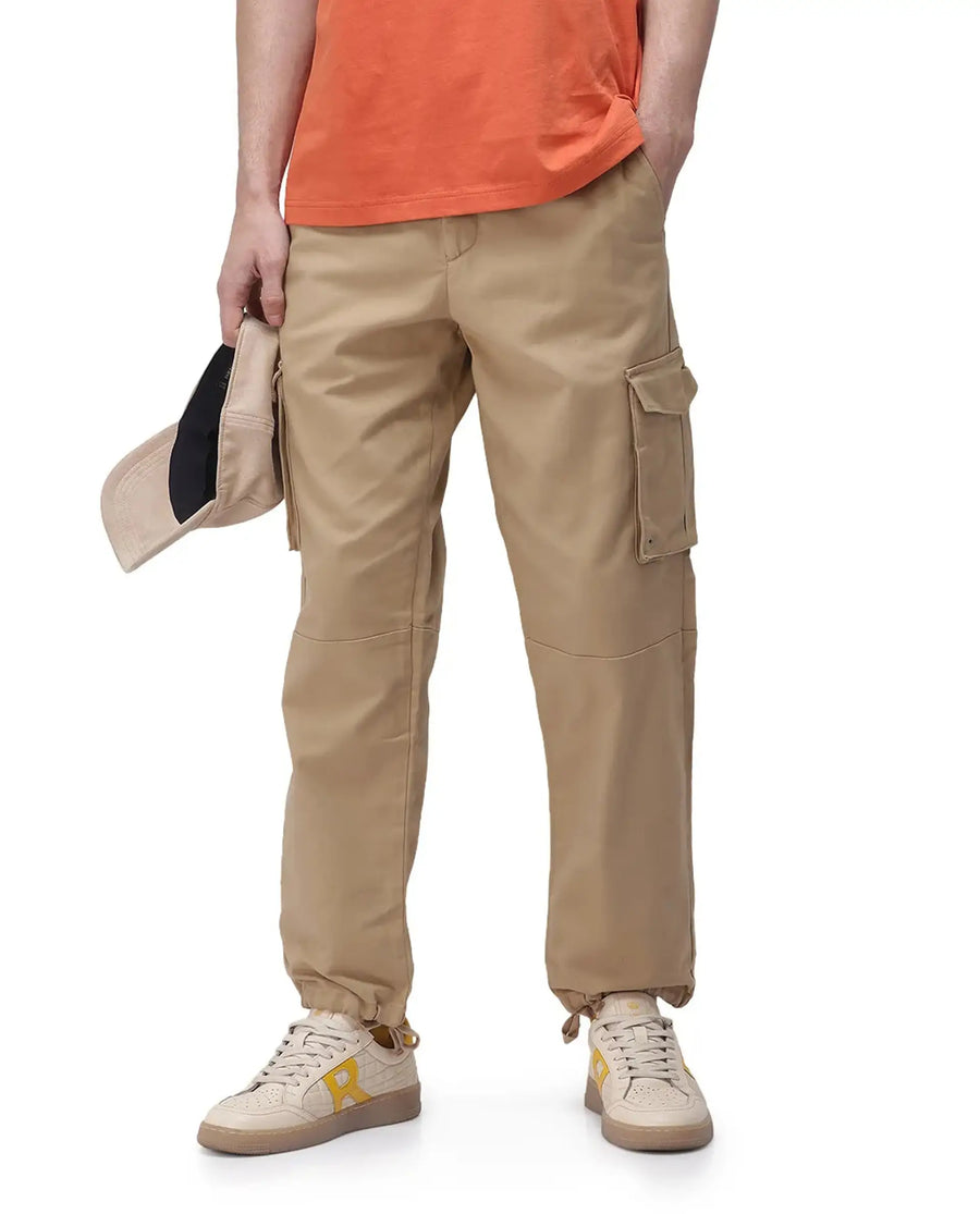 Rare Rabbit Men's Maks Khaki Cotton Plain Regular Fit Trouser