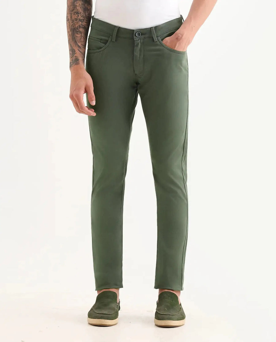 Rare Rabbit Men's Mark Green Cotton Plain Regular Fit Trouser