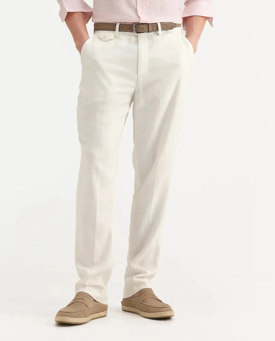 Rare Rabbit Men's Masoni-B Off White Linen Blend Plain Relaxed Fit Trouser