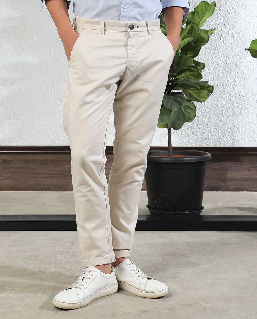Rare Rabbit Men's Mazzio Beige Cotton Jacquard Slim Fit Trouser