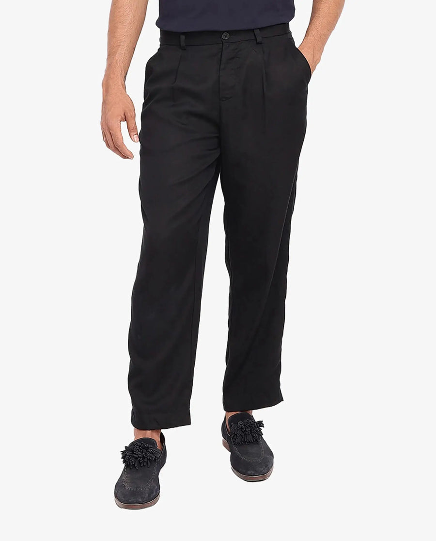 Rare Rabbit Men's Memos Black Tencel Plain Regular Fit Trouser