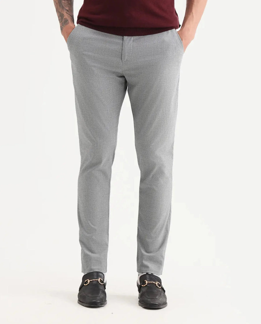 Rare Rabbit Men's Micra-1 Grey Cotton Blend Checked Print Regular Fit Trouser
